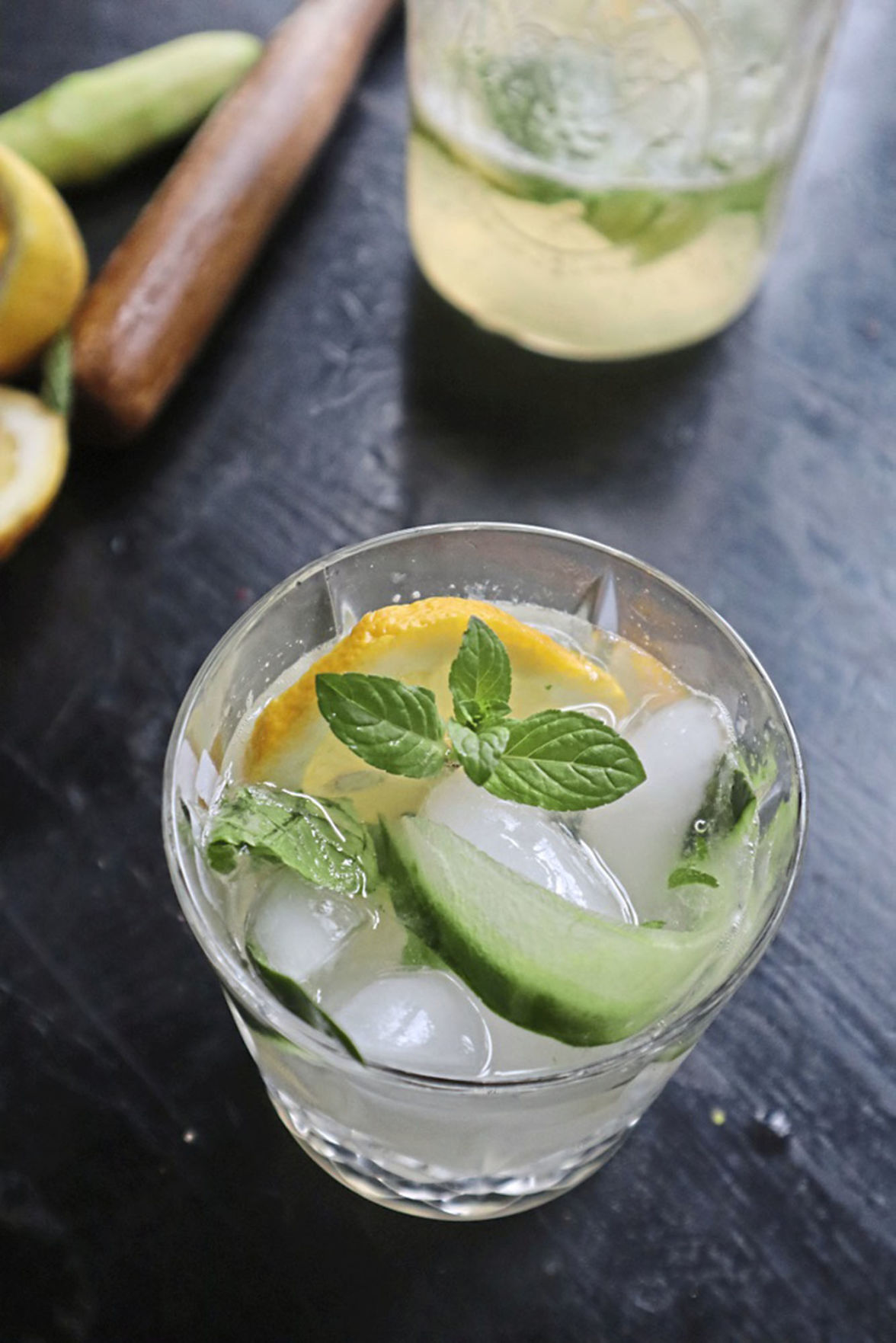Nobody can complain about too many mocktails. This one is made with cucumber, lemon, mint and selzer water.